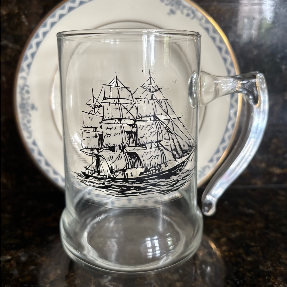 Clear Nautical Beer Mug with Vintage Sailing Ship